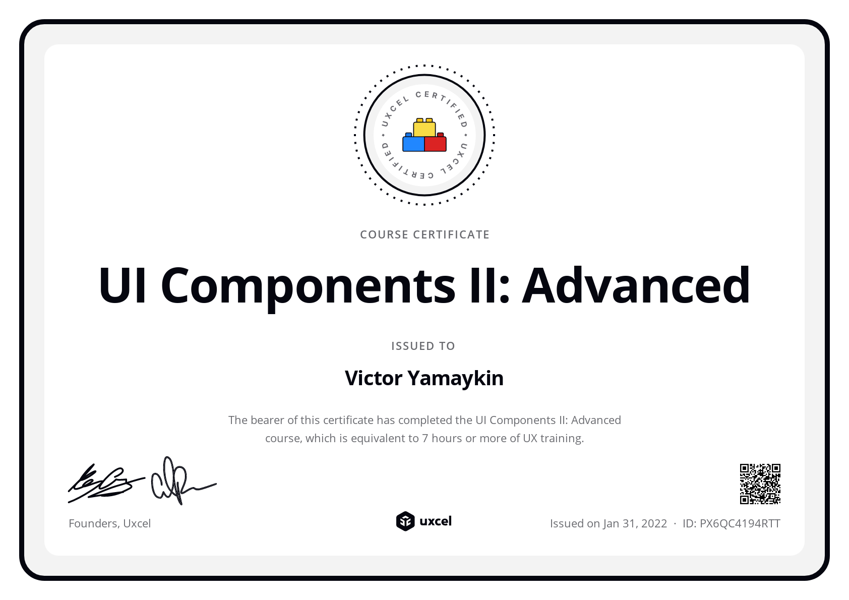 Victor Yamaykin's certificate